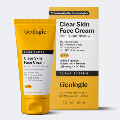 Geologie Clear Skin Face Cream for acne-prone skin contains azelaic acid, hyaluronic acid, niacinamide, and SPF 15—part of Geologie’s powerful Acne Treatment System.