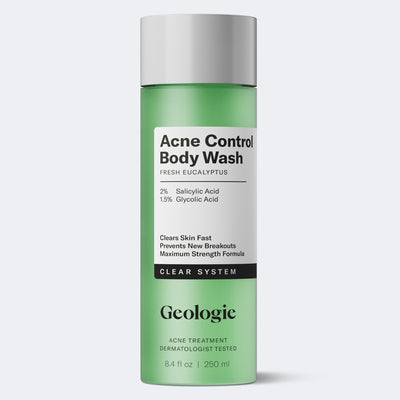 A 250 ml green bottle of Geologie Acne Control Body Wash, formulated with salicylic and glycolic acids for acne treatment, features a clean white and black label.
