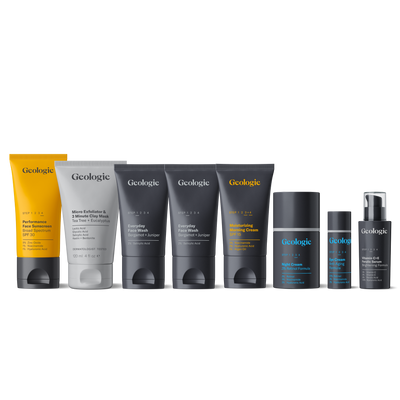 A range of Geologie branded Anti Aging Skincare Routine for men, designed to combat signs of aging and brighten dull skin, displayed against a dark background.