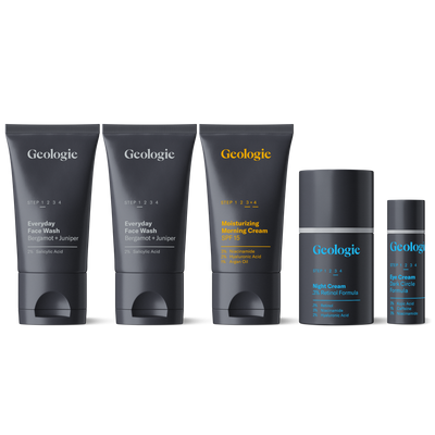A lineup of Geologie Complete Skincare Set including face wash, moisturizing morning cream, night cream, and eye cream, each formulated with clinically-proven ingredients and presented in sleek black and gray packaging.