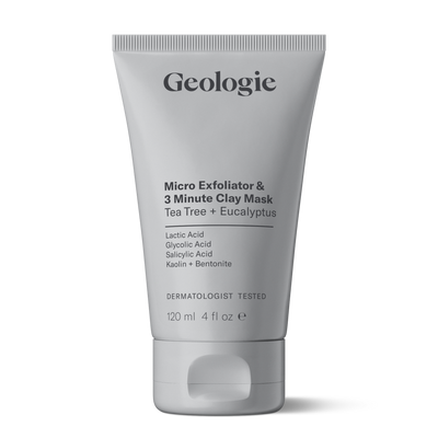 A 120ml tube of Geologie Micro Exfoliator & 3 Minute Clay Mask, featuring ingredients like lactic acid and kaolin. The packaging has a white background and black text, designed to help you achieve brilliant skin.