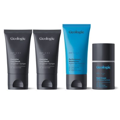 A set of four Geologie Oily Skin Routine products, specially crafted for oily skin, including two Everyday Face Washes with salicylic acid, one Performance Moisturizer, and one Night Cream. Each item is labeled with its specific treatment formulation to fit seamlessly into your skincare routine.