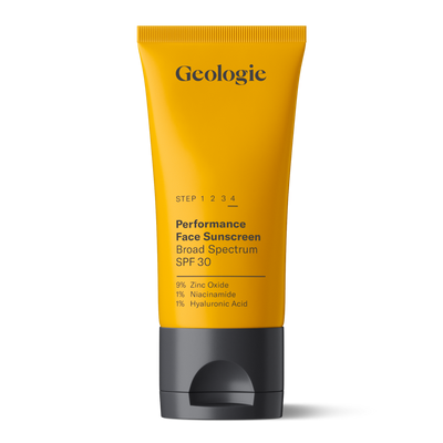 A yellow tube of Geologie Broad-Spectrum SPF30 Face Sunscreen promises effective mineral and physical sunscreen protection. The packaging lists key ingredients: 9% Zinc Oxide, 1% Niacinamide, and 1% Hyaluronic Acid for broad-spectrum UVA and UVB protection.