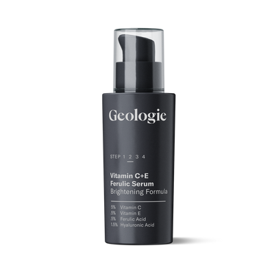 Geologie's Hero Set includes a complimentary bottle of Vitamin C+E Ferulic Serum, featuring a rejuvenating formula with Vitamin C, Vitamin E, Ferulic Acid, and Hyaluronic Acid — ideal for revitalizing and maintaining a youthful glow.
