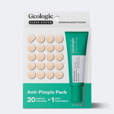 Geologie Anti Pimple Pack includes 20 pimple patches and 1 spot treatment tube in green packaging—your go-to solution for clear, blemish-free skin.