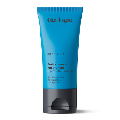 A blue tube of Geologie Hydro-Gel Moisturizer with a gray cap, labeled with ingredients such as Niacinamide, Squalane, and Hyaluronic Acid.