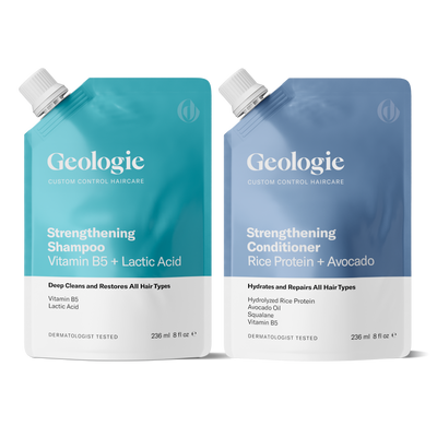 Two pouches of Geologie Shampoo + Conditioner Bundle with strengthening and conditioning formulas that nourish hair.